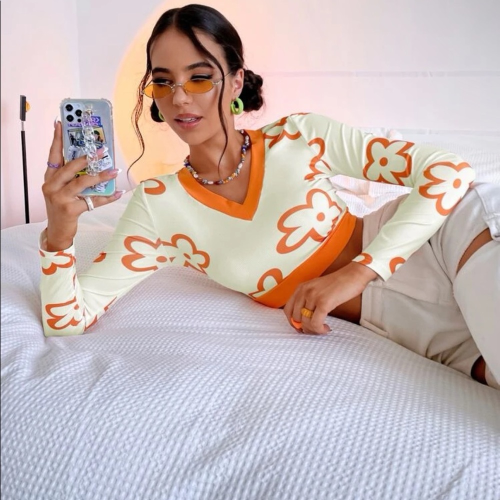 Fun and cute orange and yellow flower crop top